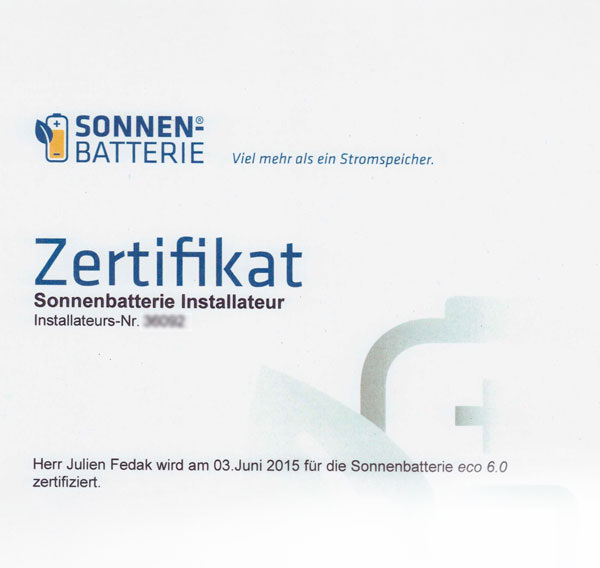 Sonnenbatterie Zertifikat Julien Fedak